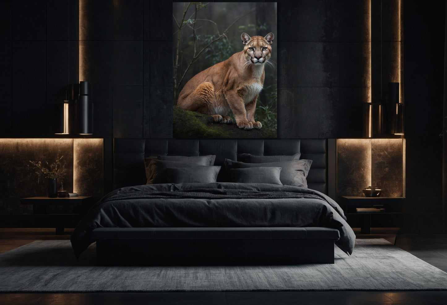 Puma im Nebelwald als Wandbild auf Leinwand im stilvollen Schlafzimmer mit ruhiger Atmosphäre und gedämpftem Licht