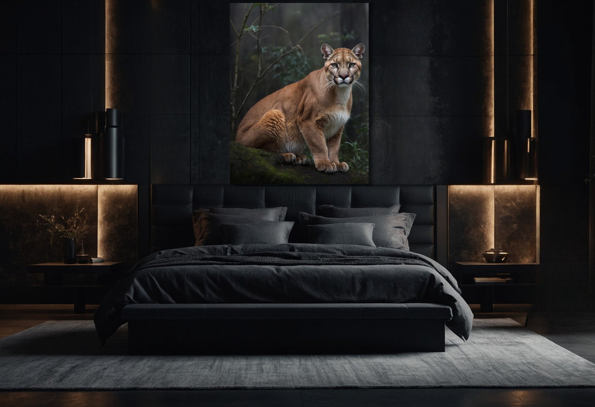 Puma im Nebelwald als Wandbild auf Leinwand im stilvollen Schlafzimmer mit ruhiger Atmosphäre und gedämpftem Licht