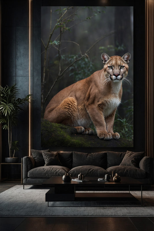 Puma im Nebelwald als Wandkunst auf Leinwand in stilvollem Wohnzimmer über einem Sofa an dunkler Wand mit Goldakzenten