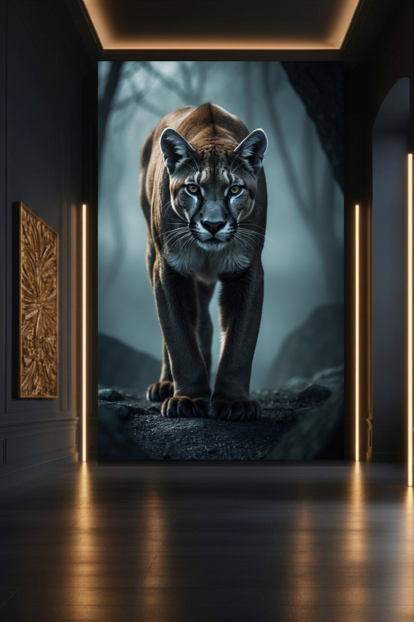 Puma Wandkunst im Nebel auf Leinwand in moderner Galerie mit dunkler Wand und warmen Lichtakzenten – ausdrucksstarke Tierkunst mit intensiver Präsenz