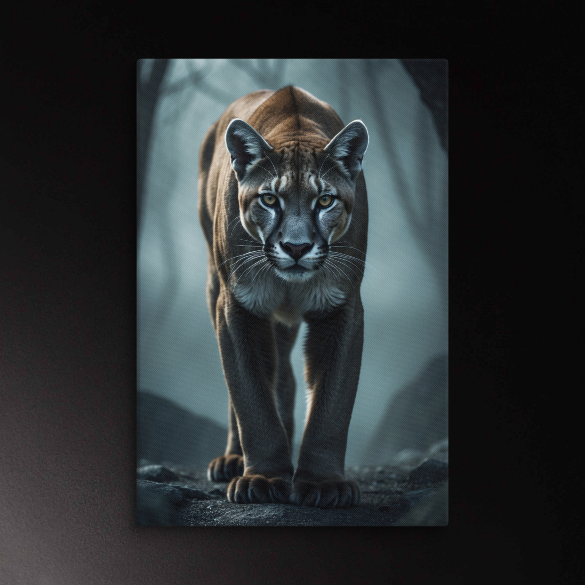 Puma Wandkunst im Nebel mit intensivem Blick und ruhiger Tierdarstellung