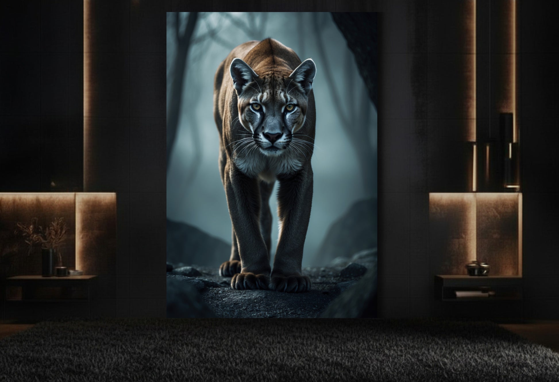Puma Wandkunst mit ruhiger Nebelstimmung in stilvollem Lounge Bereich 