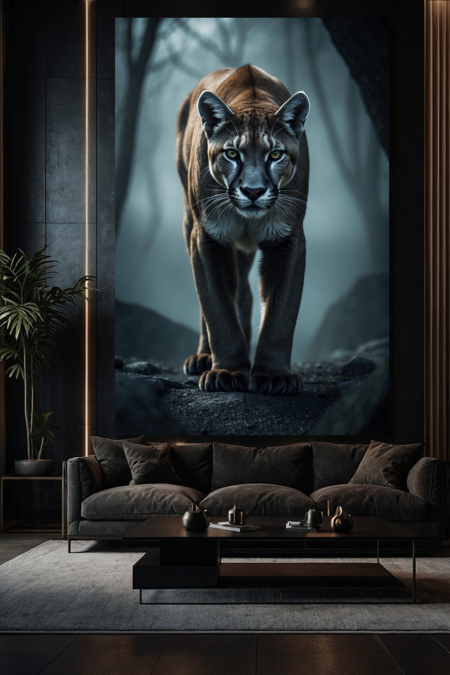 Puma Wandkunst im Wohnzimmer als großformatige Leinwandkunst über einem Sofa