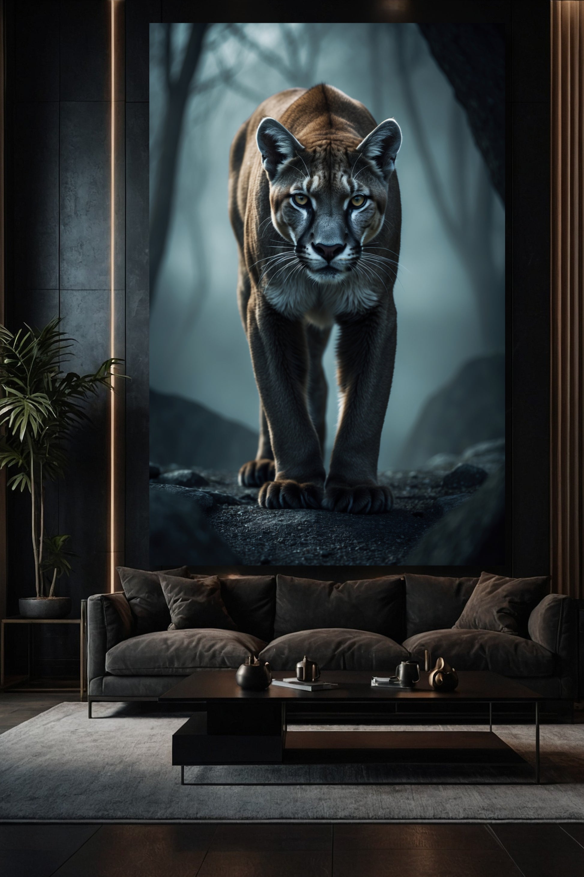 Puma Wandkunst im Wohnzimmer als großformatige Leinwandkunst über einem Sofa