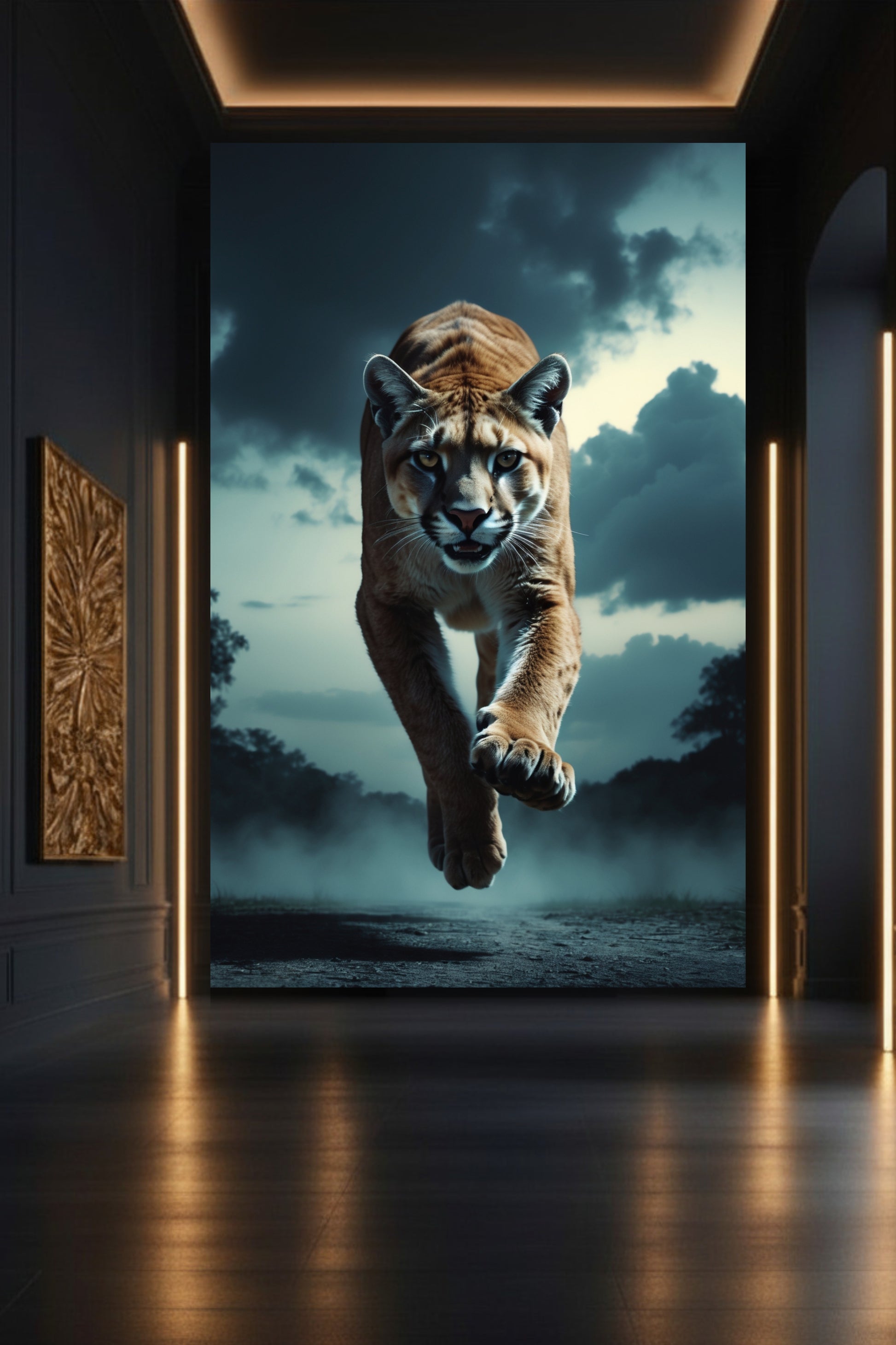 Springender Puma Wandkunst auf Leinwand 32x48 Zoll in moderner Galerie mit dunkler Wand und warmen Lichtakzenten – ausdrucksstarke Tierkunst mit intensiver Präsenz