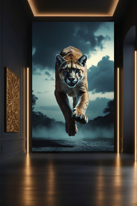 Springender Puma Wandkunst auf Leinwand 32x48 Zoll in moderner Galerie mit dunkler Wand und warmen Lichtakzenten – ausdrucksstarke Tierkunst mit intensiver Präsenz
