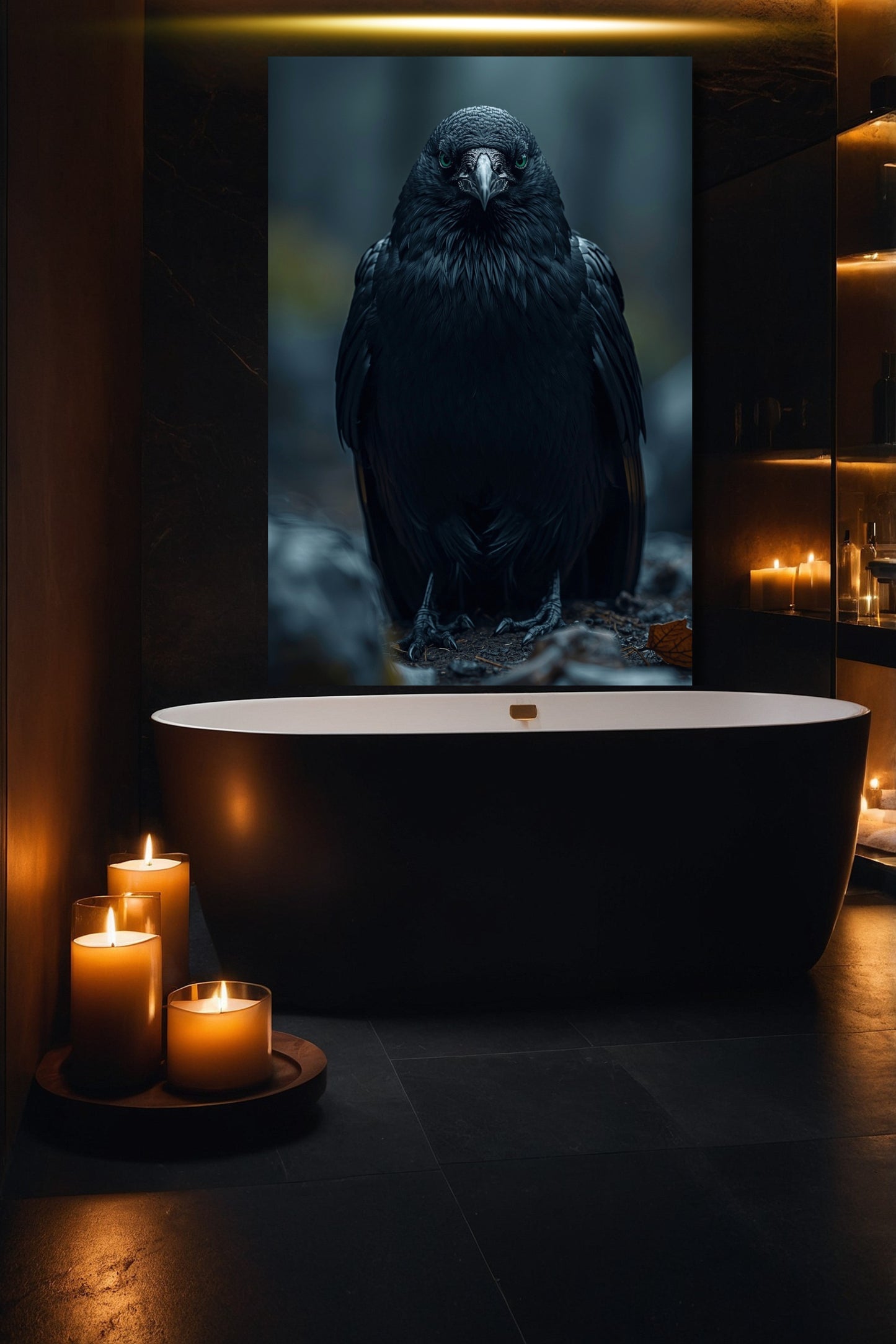 Rabe Wandkunst auf Leinwand 40x60 Zoll im Badezimmer mit Kerzenlicht und warmer, dunkler Atmosphäre