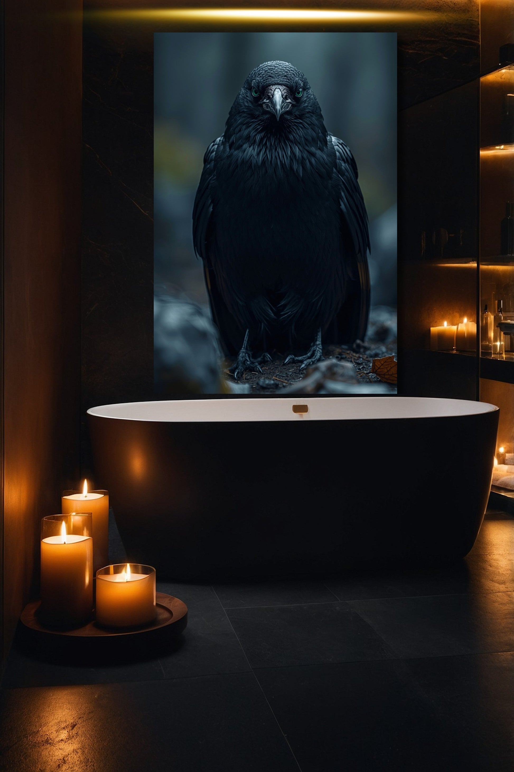 Rabe Wandkunst auf Leinwand 40x60 Zoll im Badezimmer mit Kerzenlicht und warmer, dunkler Atmosphäre