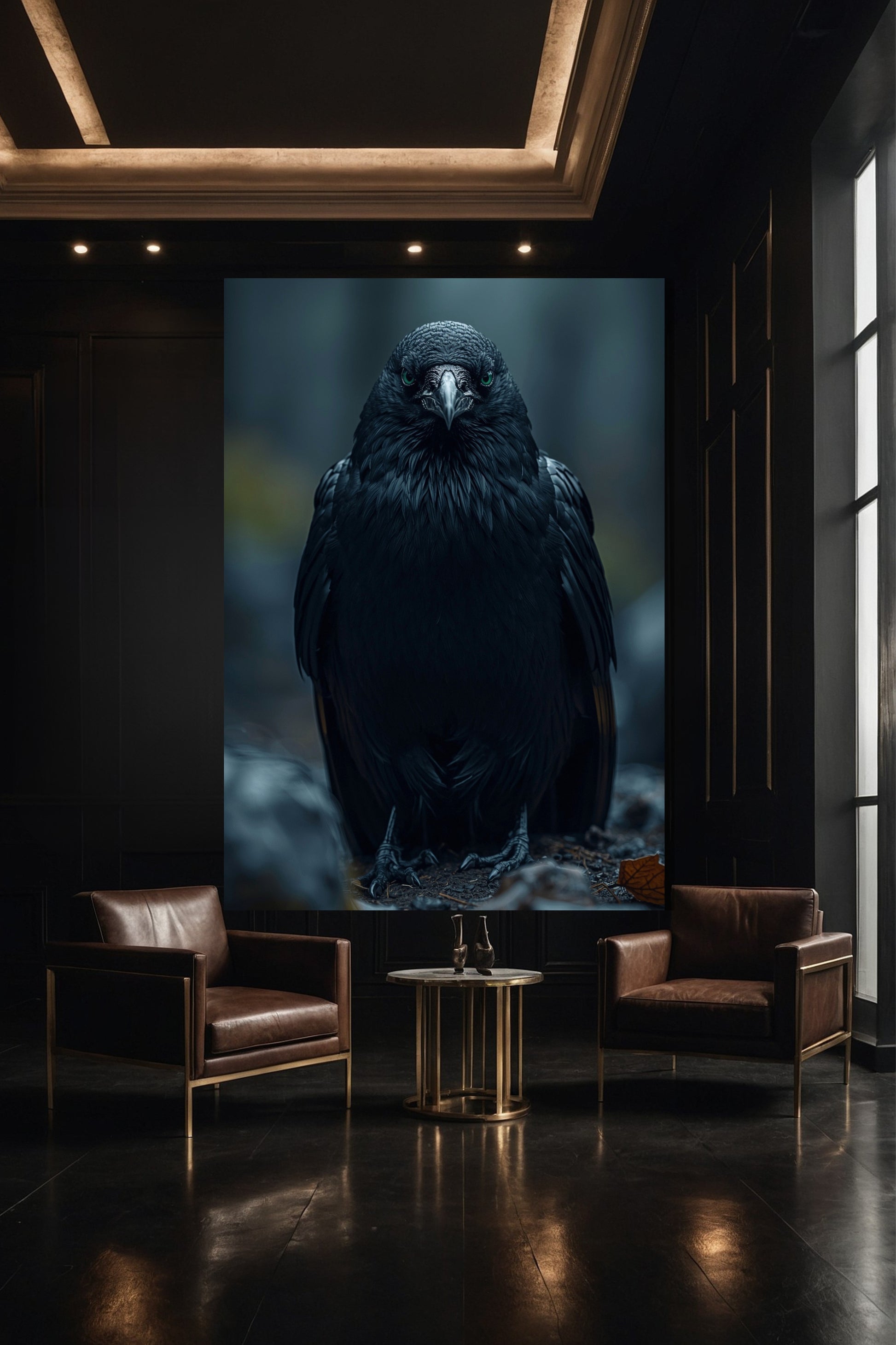 Frontaler Rabe mit intensivem Blick als Leinwandkunst in moderner Galerie mit dunkler Wand und gezielter Beleuchtung
