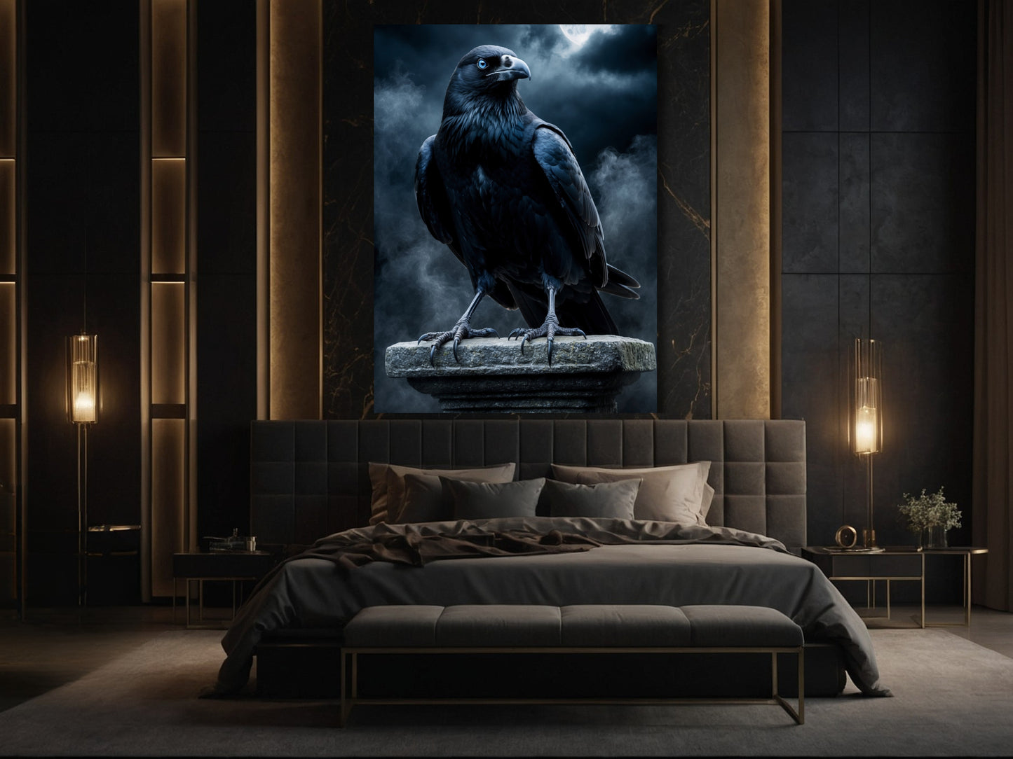 Poster mit Rabe in dunkler Nacht in elegantem Schlafzimmer über dem Bett – ruhige Bildwirkung als Wandbild für entspannte Räume