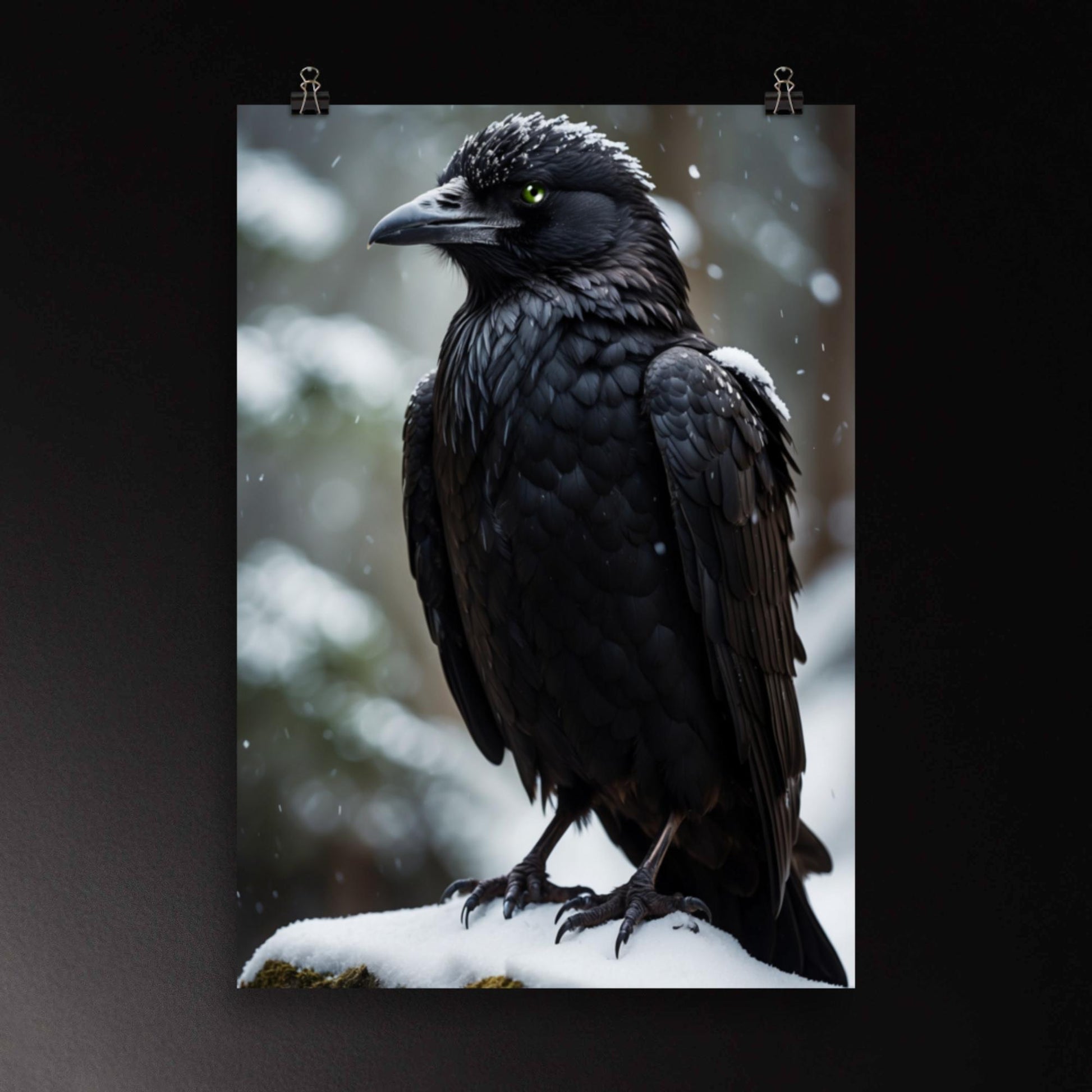 Poster eines schwarzen Raben im Schnee – kontrastreiche Wandkunst mit klarer Silhouette