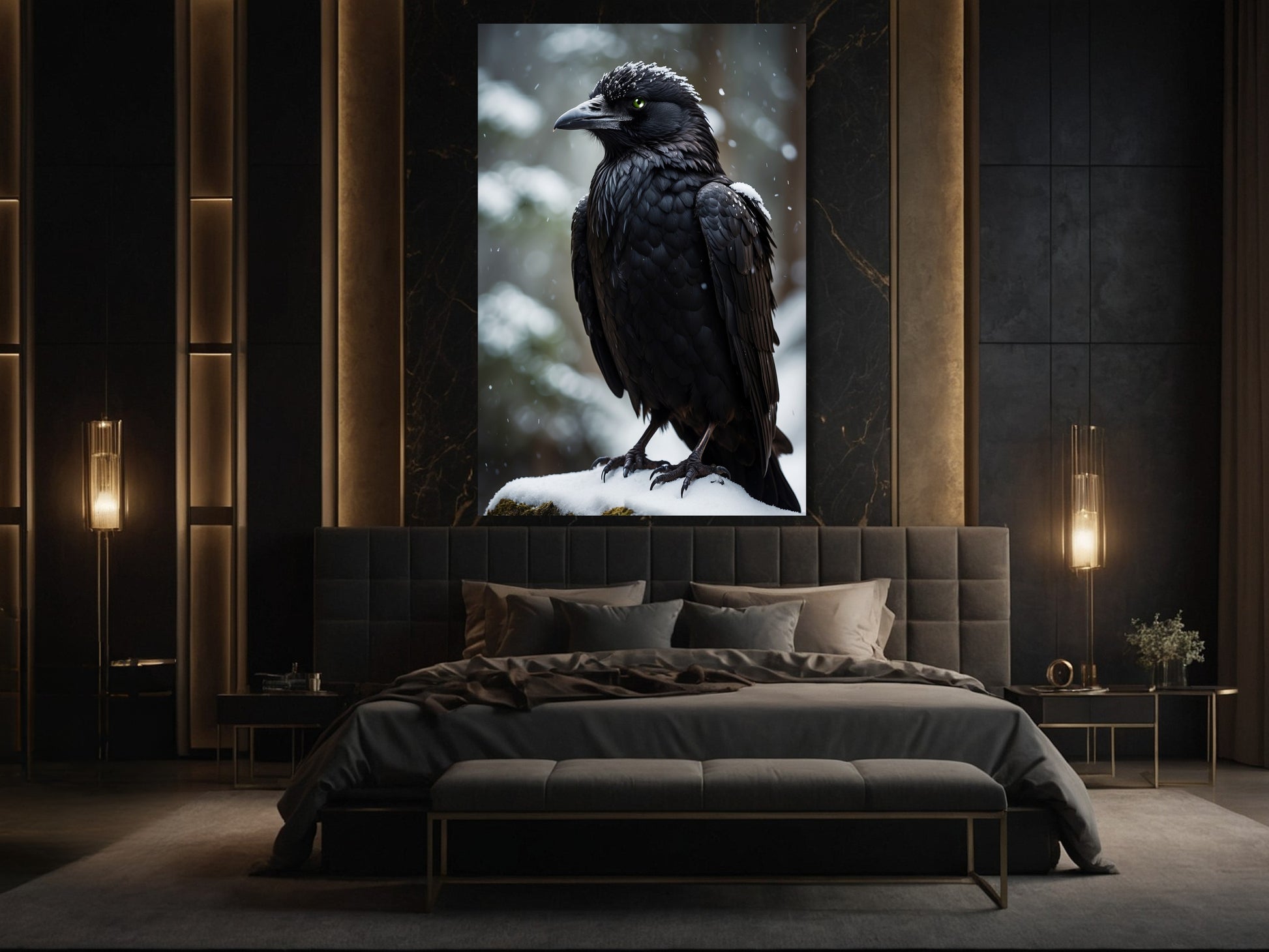 Poster mit schwarzem Raben im Schlafzimmer – ruhige, kontrastreiche Wandkunst
