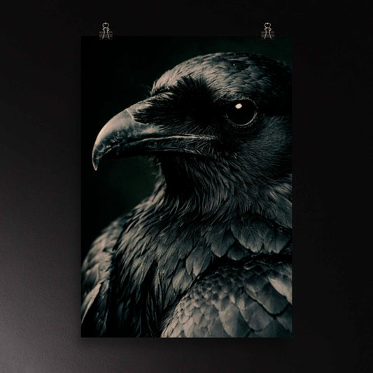 Detailreiches Dark Fantasy Poster eines schwarzen Raben in intensiver Nahaufnahme – präzise Federstruktur, klare Profilansicht und starke Tiefenwirkung als hochwertige Wandkunst
