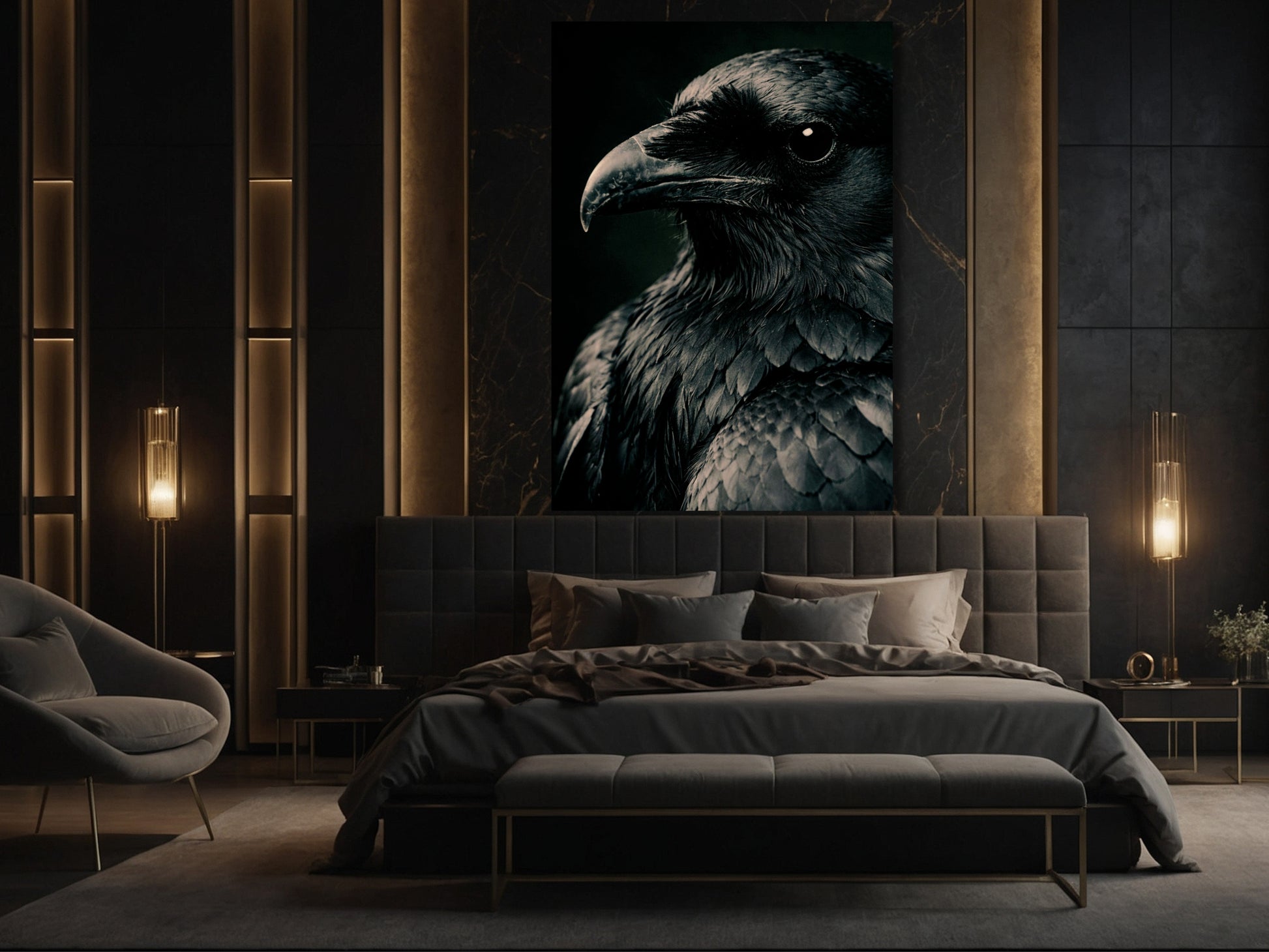 Mystischer Rabe in ruhiger Nahaufnahme als Poster im Schlafzimmer – sanfte Lichtführung, tiefe Schatten und beruhigende, atmosphärische Wandkunst