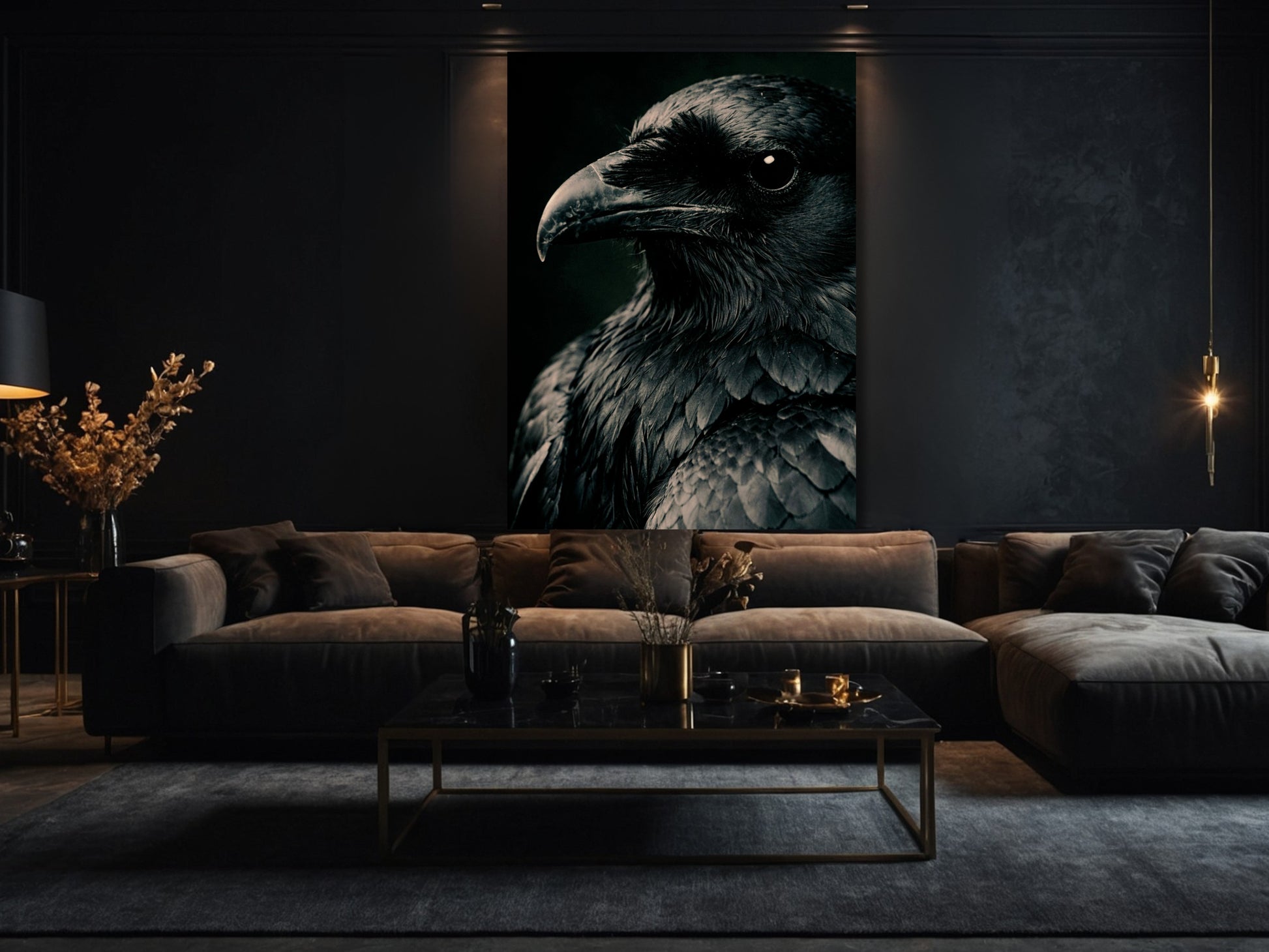Rabe in detaillierter Nahaufnahme als großformatiges Poster im Wohnzimmer – markante Federstruktur, starke Kontraste und eindrucksvolle Wandkunst mit moderner Eleganz