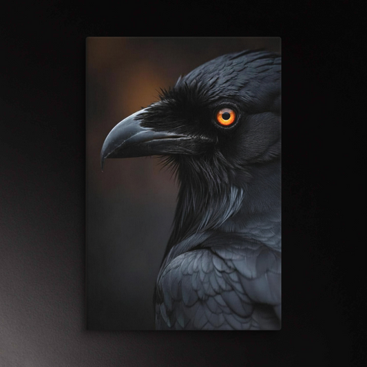 Detailreicher schwarzer Rabe mit leuchtendem Auge als Wandkunst auf Leinwand im Format 40x60 Zoll