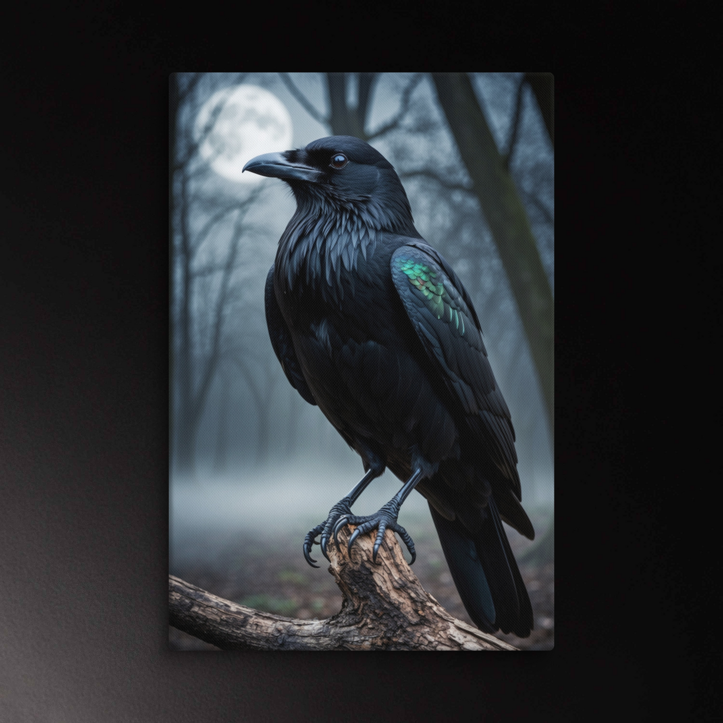 Rabe als Wandkunst auf Leinwand im Format 40x60 Zoll mit Mondlicht und nebligem Wald im Hintergrund