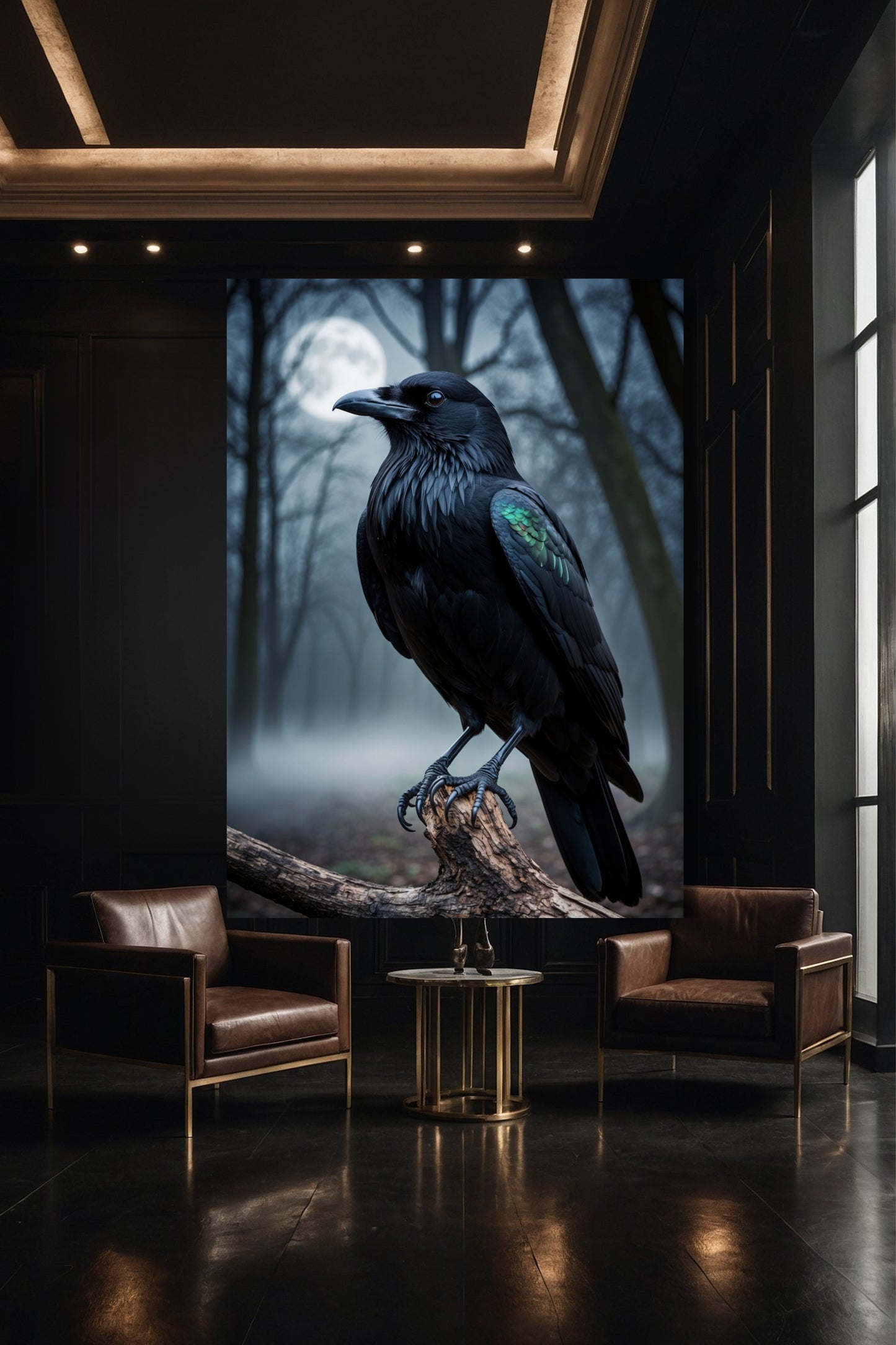 Rabe Leinwand 40x60 Zoll als Statement Wandbild in eleganter Galerie mit ausdrucksstarker Gestaltung und geheimnisvoller Mondlichtstimmung