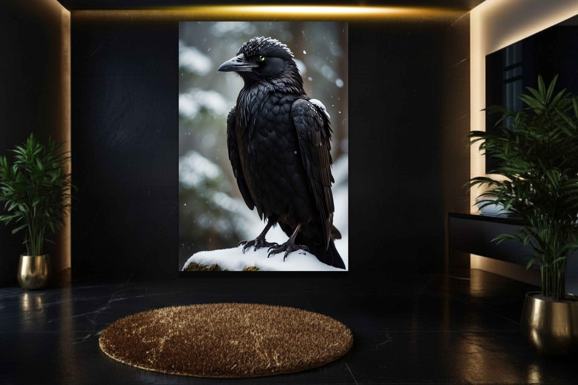 Rabe Poster im Winter in luxuriösem Badezimmer mit dunkler Wandgestaltung und Goldakzenten