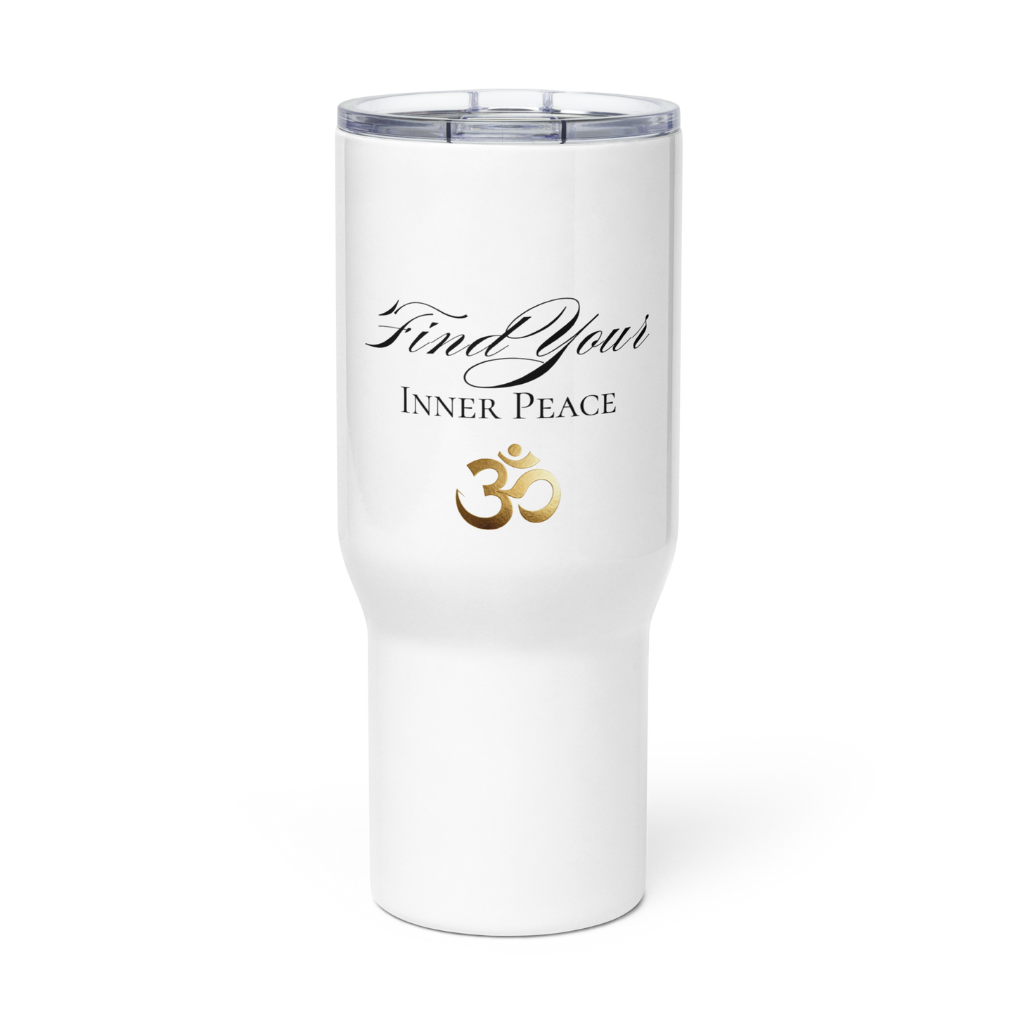 25-Unzen-Reisebecher mit Griff „Find Your Inner Peace“ in transparenter Vorderansicht mit goldenem Om-Symbol und minimalistischer Typografie
