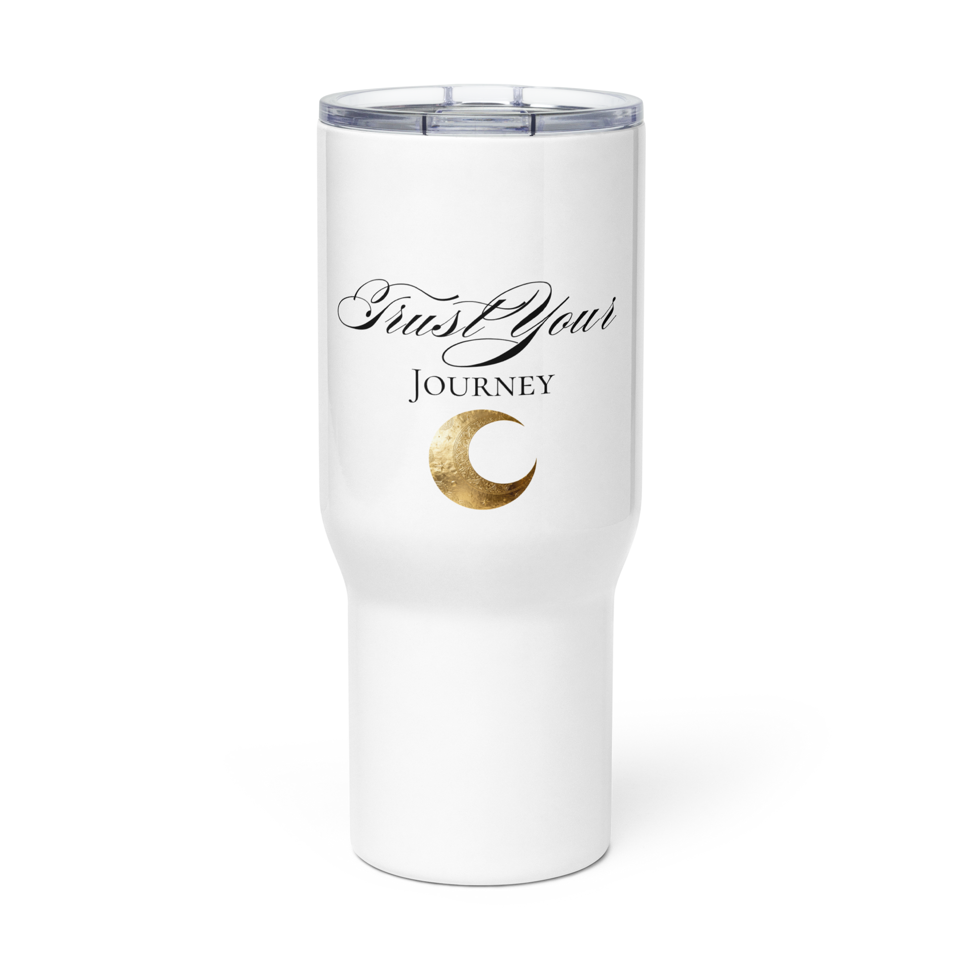 Reisebecher mit Griff „Trust Your Journey“ mit goldenem Mondsymbol als transparente Vorderansicht in der 25-Unzen-Ausführung