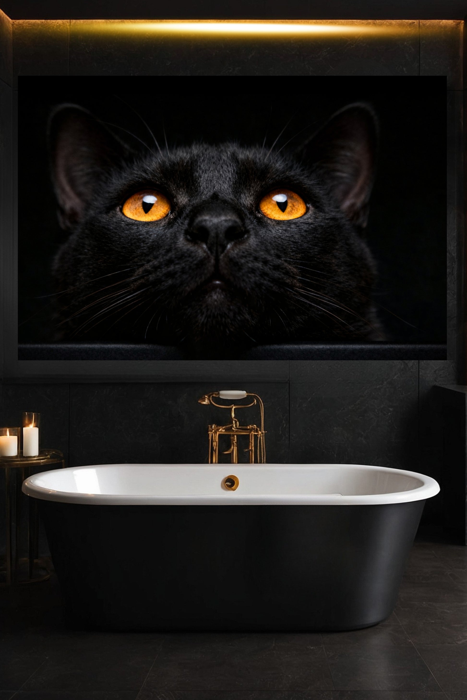 Schwarze Katze mit bernsteinfarbenen Augen, Nahaufnahme auf Leinwand im Format über freistehender Badewanne in minimalistischem Badezimmer