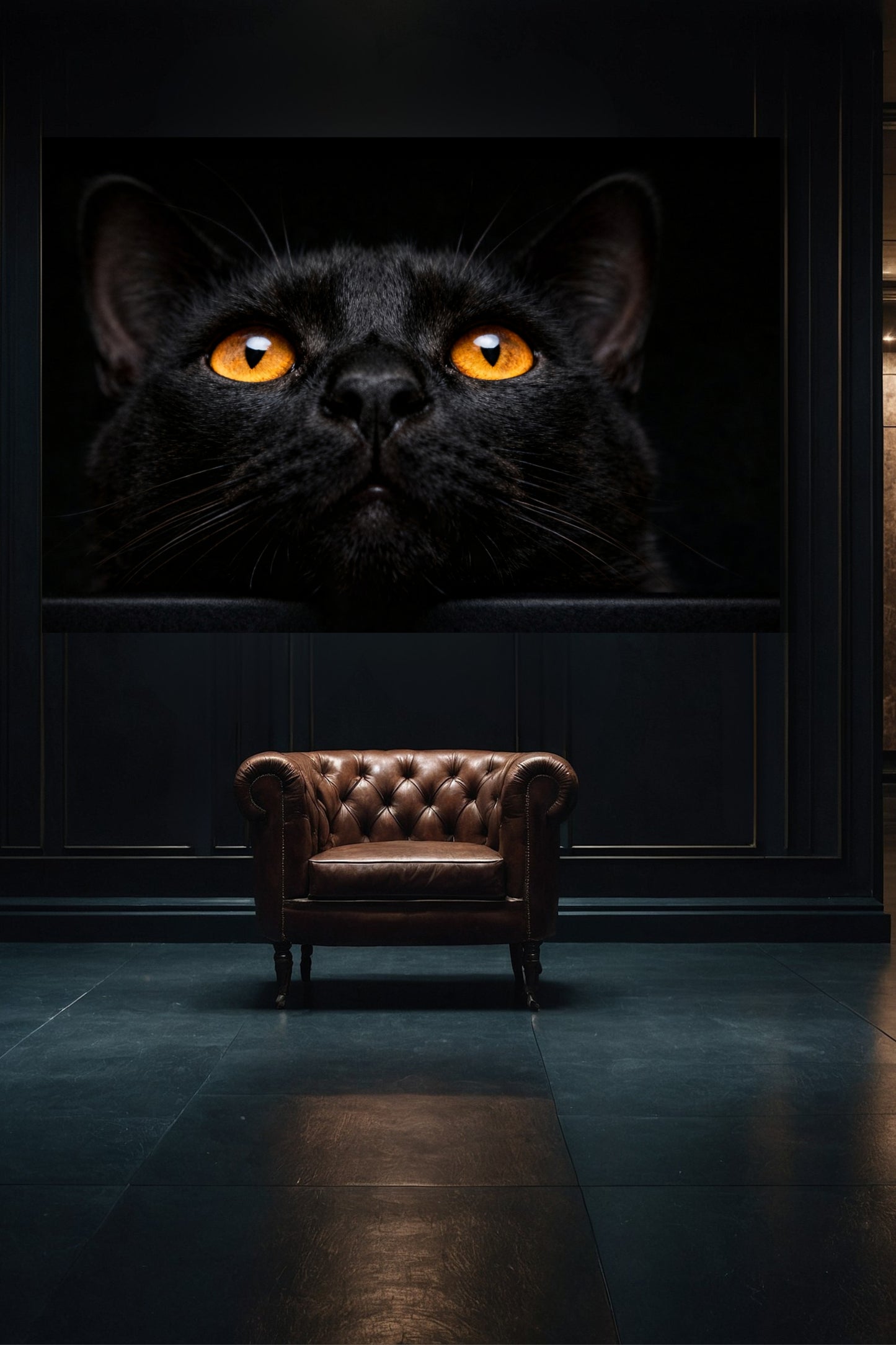 Schwarze Katze mit intensiven bernsteinfarbenen Augen als Wandkunst auf Leinwand in einer stilvollen Galerie, klare und reduzierte Bildwirkung
