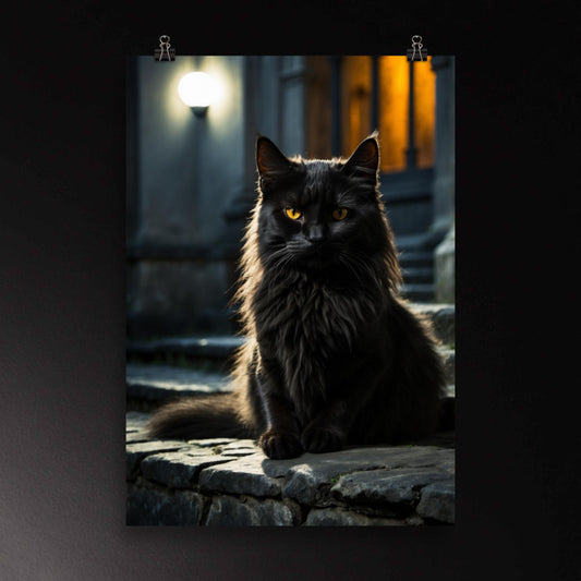 Schwarze Katze Poster vor dunklem Eingang – ruhige Wandkunst mit klarer Blickführung