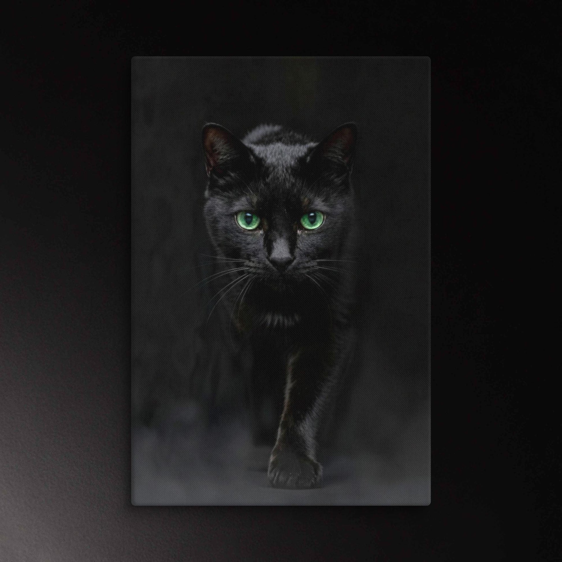 Schwarze Katze Leinwand mit leuchtenden Augen und ruhiger, dunkler Bildwirkung mit feinem Nebel