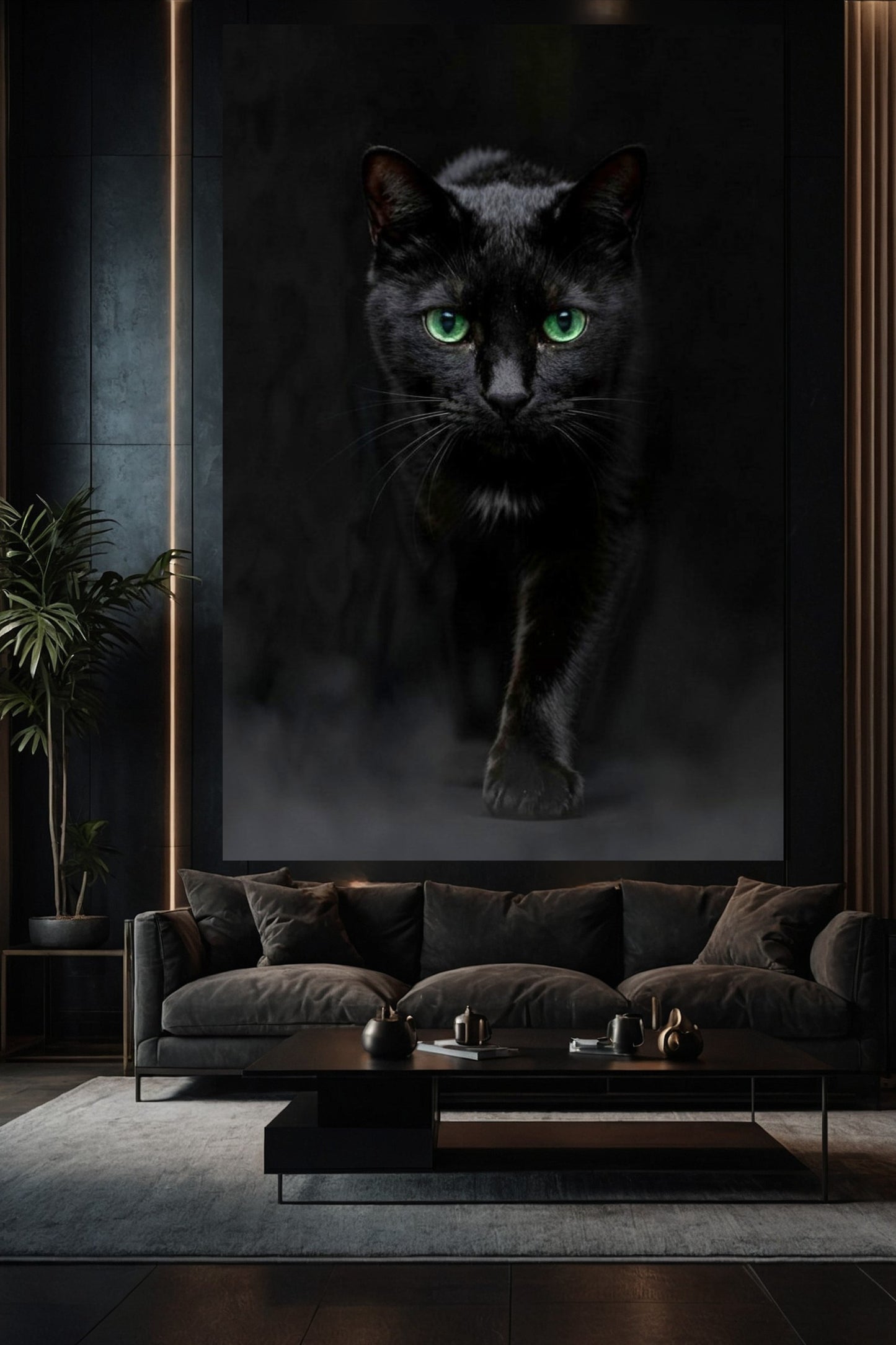 Schwarze Katze Leinwand in stilvollem Wohnzimmer über einem Sofa mit dunkler Wand