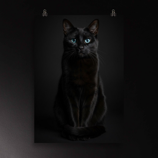 Schwarze Katze Poster 70x100 cm mit intensiv leuchtenden blauen Augen und feiner Fellstruktur vor dunklem Hintergrund