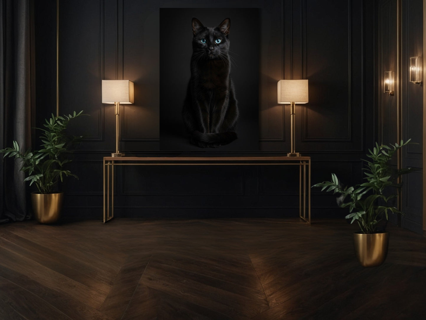 Schwarze Katze Poster 70x100 cm mit leuchtenden blauen Augen im Flur über einer Konsole in minimalistisch dunkler Raumgestaltung