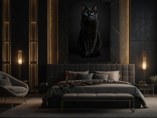 Schwarze Katze Poster 70x100 cm mit intensiven blauen Augen über einem Bett in einem eleganten Schlafzimmer mit warmer Beleuchtung