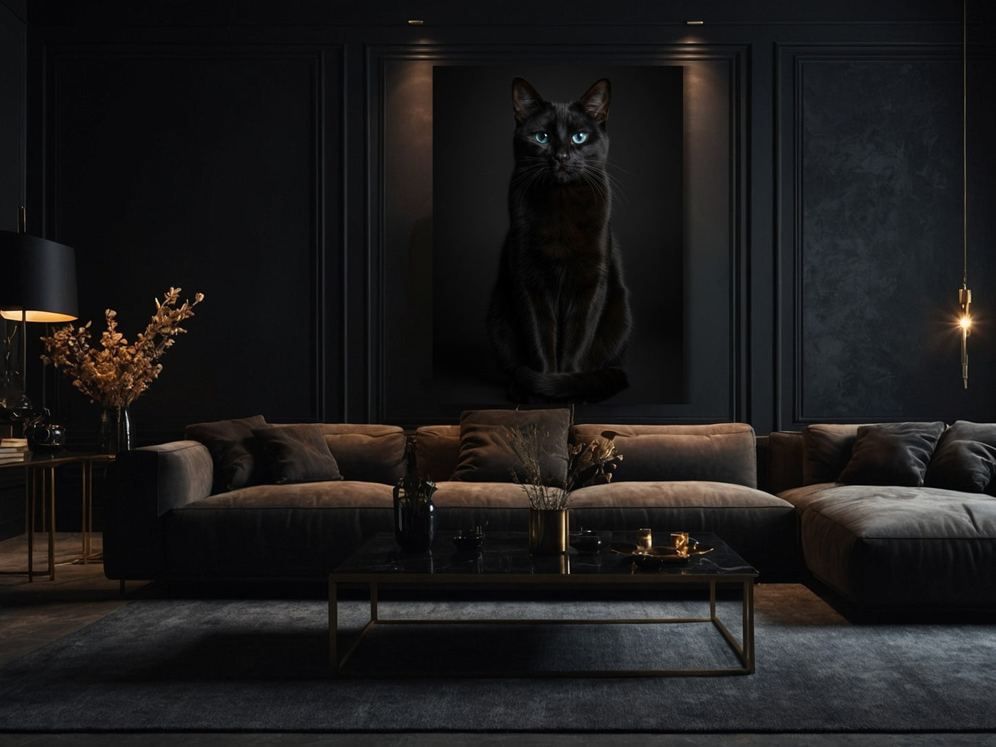 Schwarze Katze Poster 70x100 cm mit leuchtenden blauen Augen in einem modernen Wohnzimmer mit dunkler Wand und stilvoller Einrichtung
