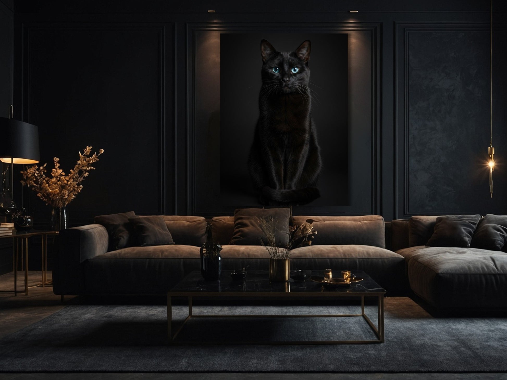 Schwarze Katze Poster 70x100 cm mit leuchtenden blauen Augen in einem modernen Wohnzimmer mit dunkler Wand und stilvoller Einrichtung