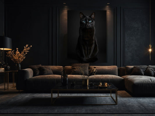 Schwarze Katze Poster 70x100 cm mit leuchtenden blauen Augen in einem modernen Wohnzimmer mit dunkler Wand und stilvoller Einrichtung