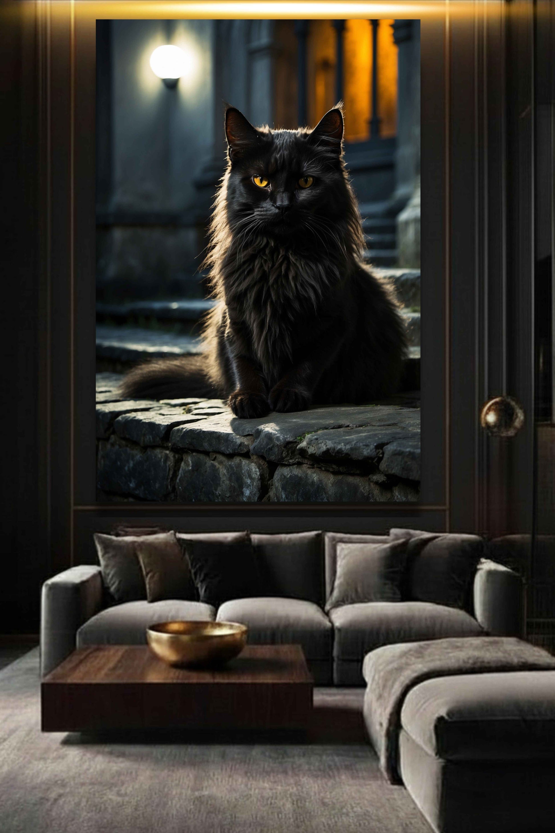 Schwarze Katze Poster als ausdrucksstarke Wandkunst über einem Sofa in elegantem Wohnzimmer mit indirekter Beleuchtung