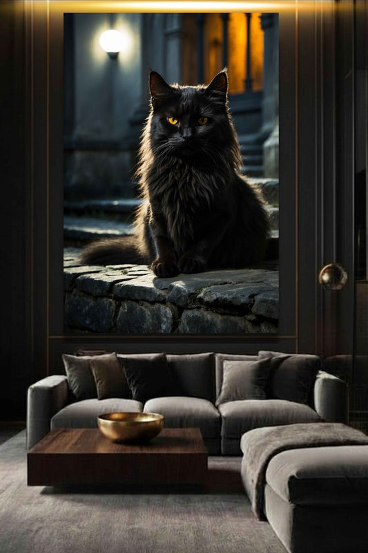 Schwarze Katze Poster als ausdrucksstarke Wandkunst über einem Sofa in elegantem Wohnzimmer mit indirekter Beleuchtung