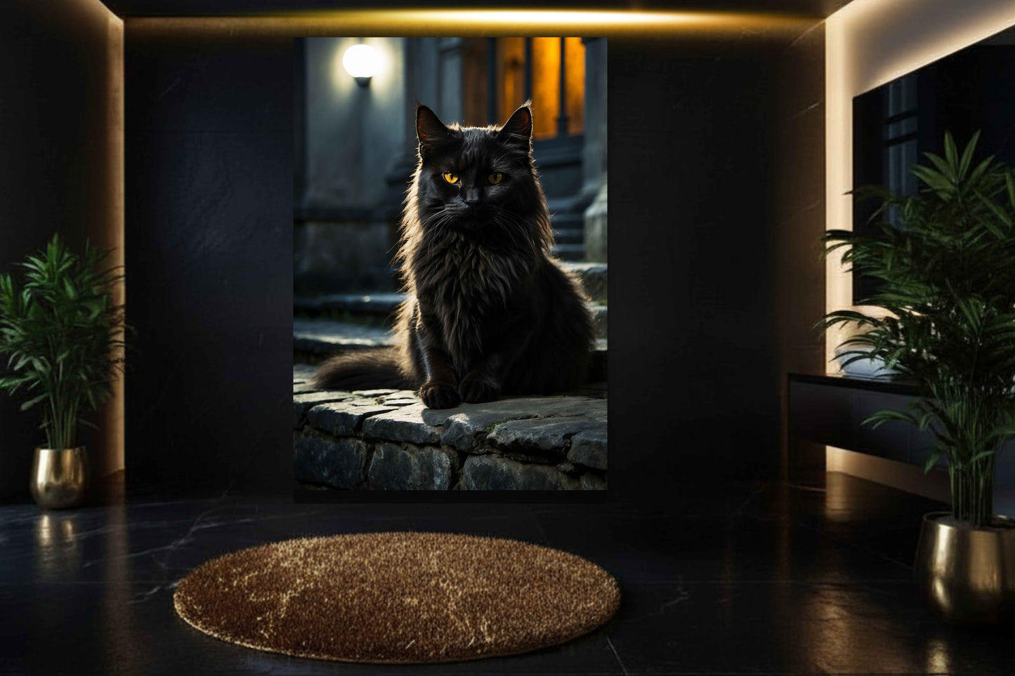 Schwarze Katze Wandkunst als Poster in stilvollem Badezimmer mit dunkler Wand und Goldakzenten