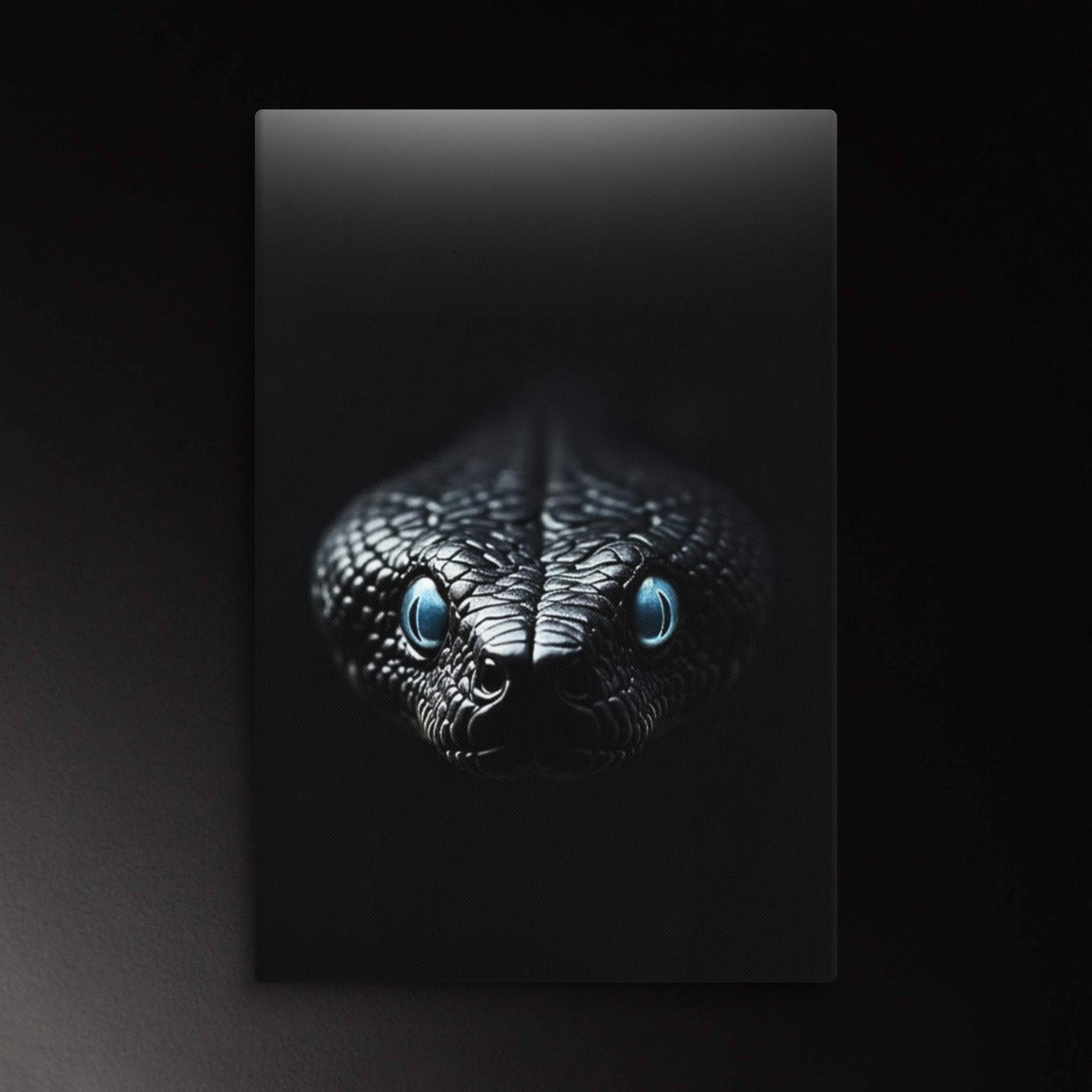 Schwarze Schlange mit leuchtenden blauen Augen als minimalistisches Wandbild auf Leinwand im Format 40x60 Zoll