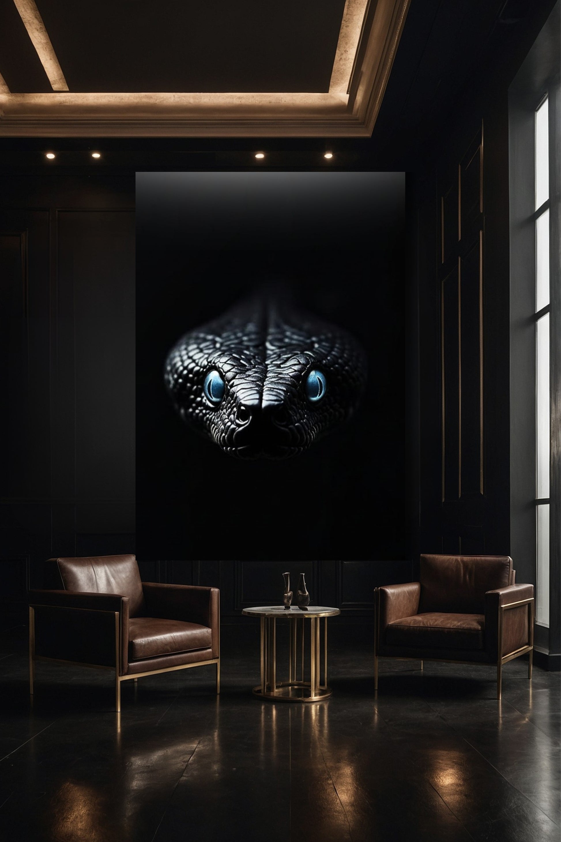 Minimalistische Schlangen Wandkunst auf Leinwand 40x60 Zoll in moderner Galerie mit dunklen Wänden und eleganter Beleuchtung