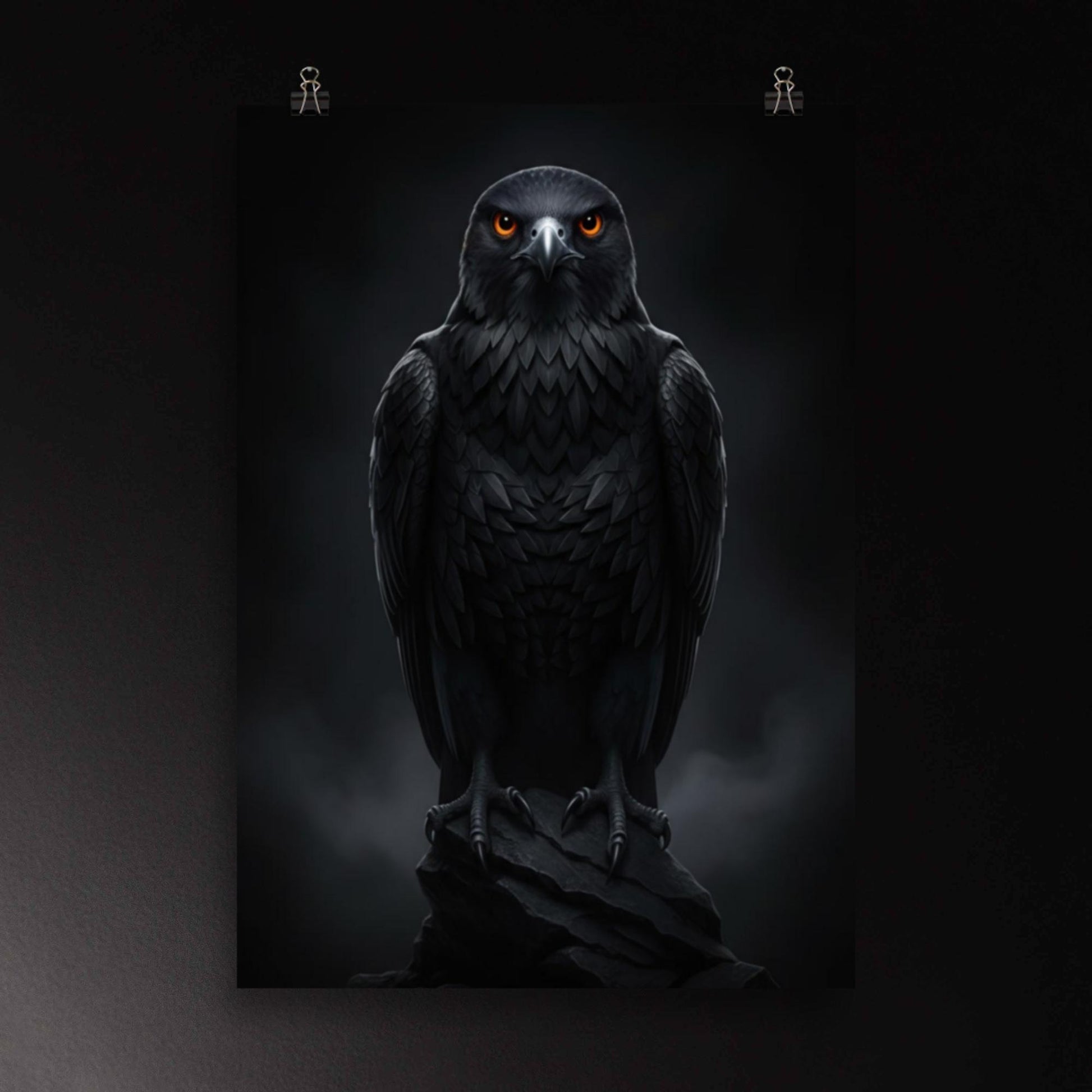 Schwarzer Falke Poster 70x100 cm mit intensiven orangefarbenen Augen und detailliertem Gefieder in moderner Tierkunst