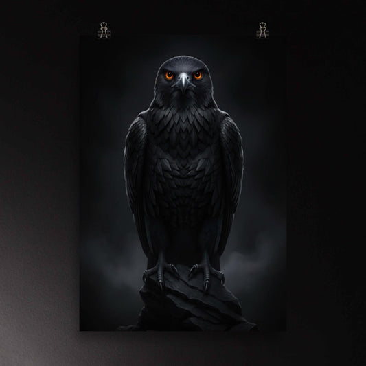 Schwarzer Falke Poster 70x100 cm mit intensiven orangefarbenen Augen und detailliertem Gefieder in moderner Tierkunst