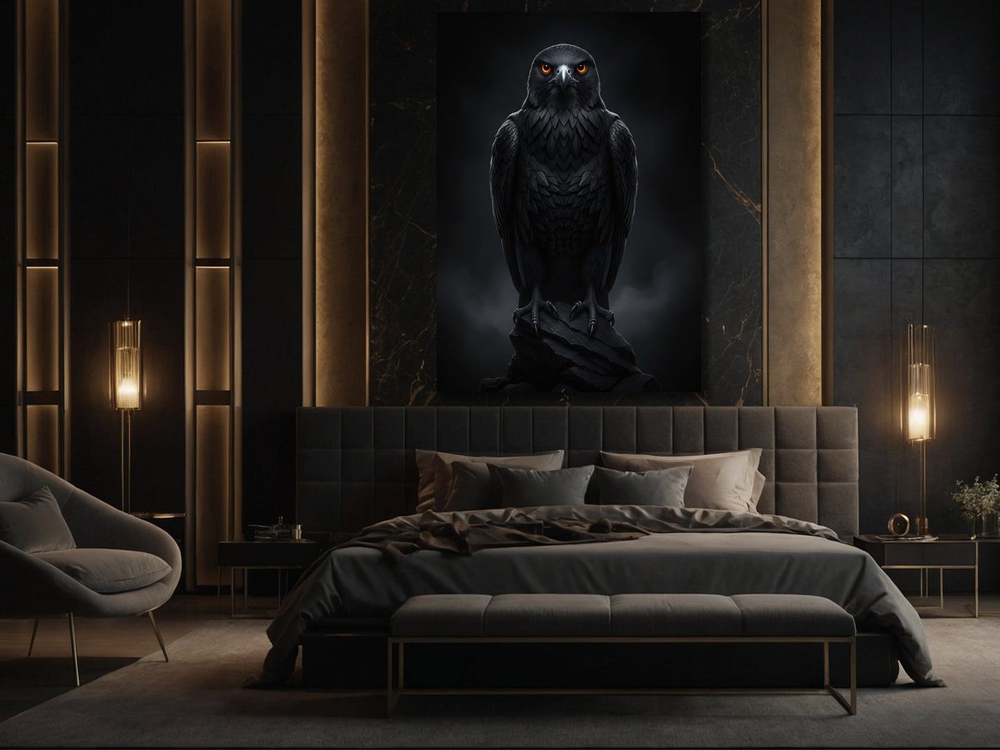 Schwarzer Falke Poster 70x100 cm über einem Bett in einem eleganten Schlafzimmer mit warmer Beleuchtung