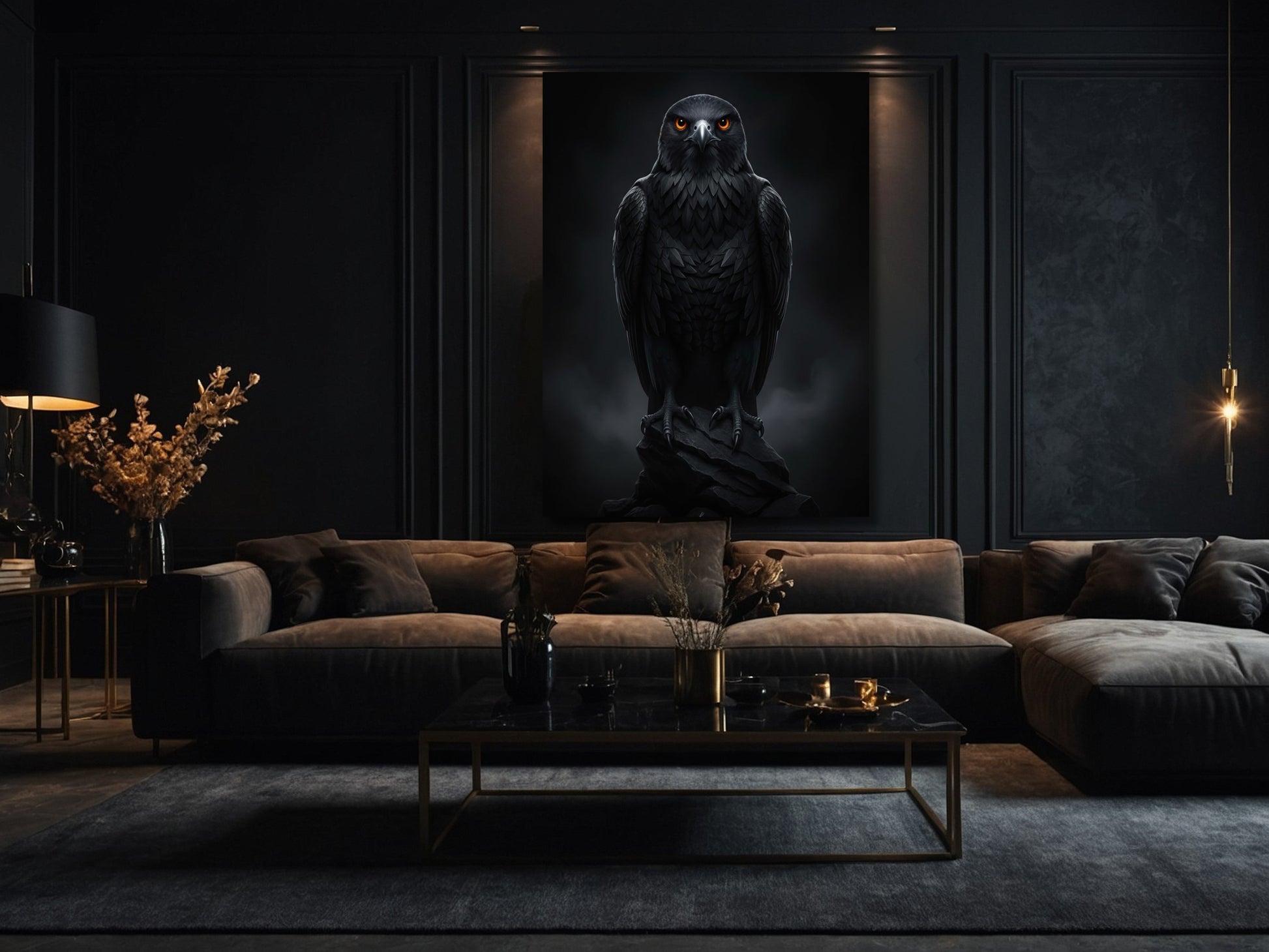 Schwarzer Falke Poster 70x100 cm in modernem Wohnzimmer mit dunkler Wand und stilvoller Einrichtung