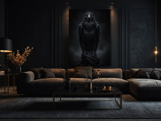Schwarzer Falke Poster 70x100 cm in modernem Wohnzimmer mit dunkler Wand und stilvoller Einrichtung