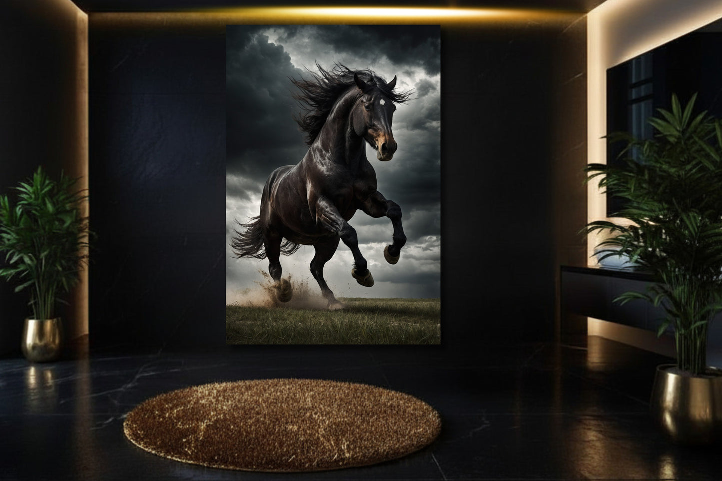 Wandkunst Poster mit schwarzem Hengst im Sturm in einem luxuriösen Badezimmer mit Grünflanzen, goldfarbenem Badteppich und dunkler Wand