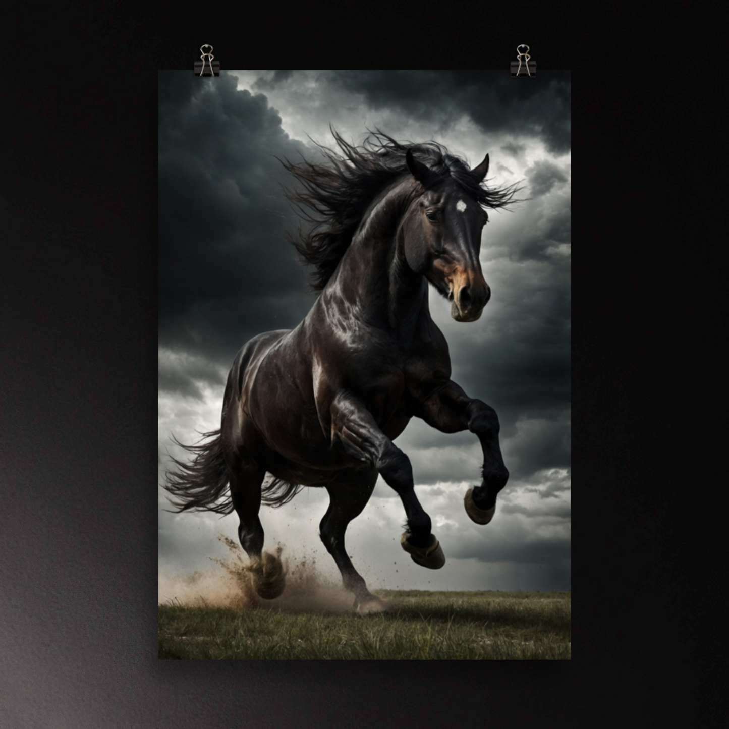 Schwarzer Hengst im Sturm als Wandkunst Poster mit dynamischer Bewegung und dramatischer Gewitterstimmung