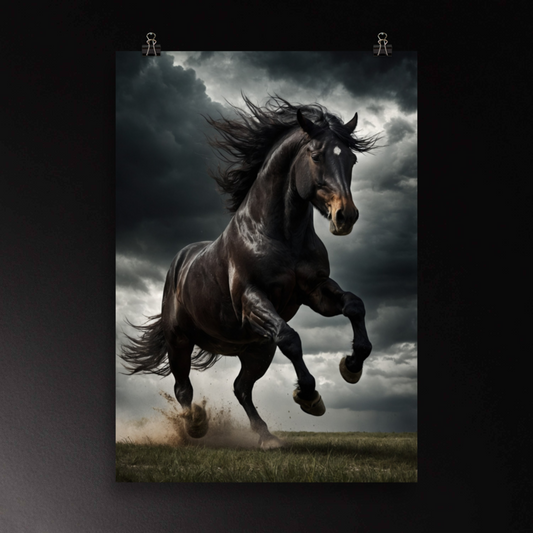 Schwarzer Hengst im Sturm als Wandkunst Poster mit dynamischer Bewegung und dramatischer Gewitterstimmung