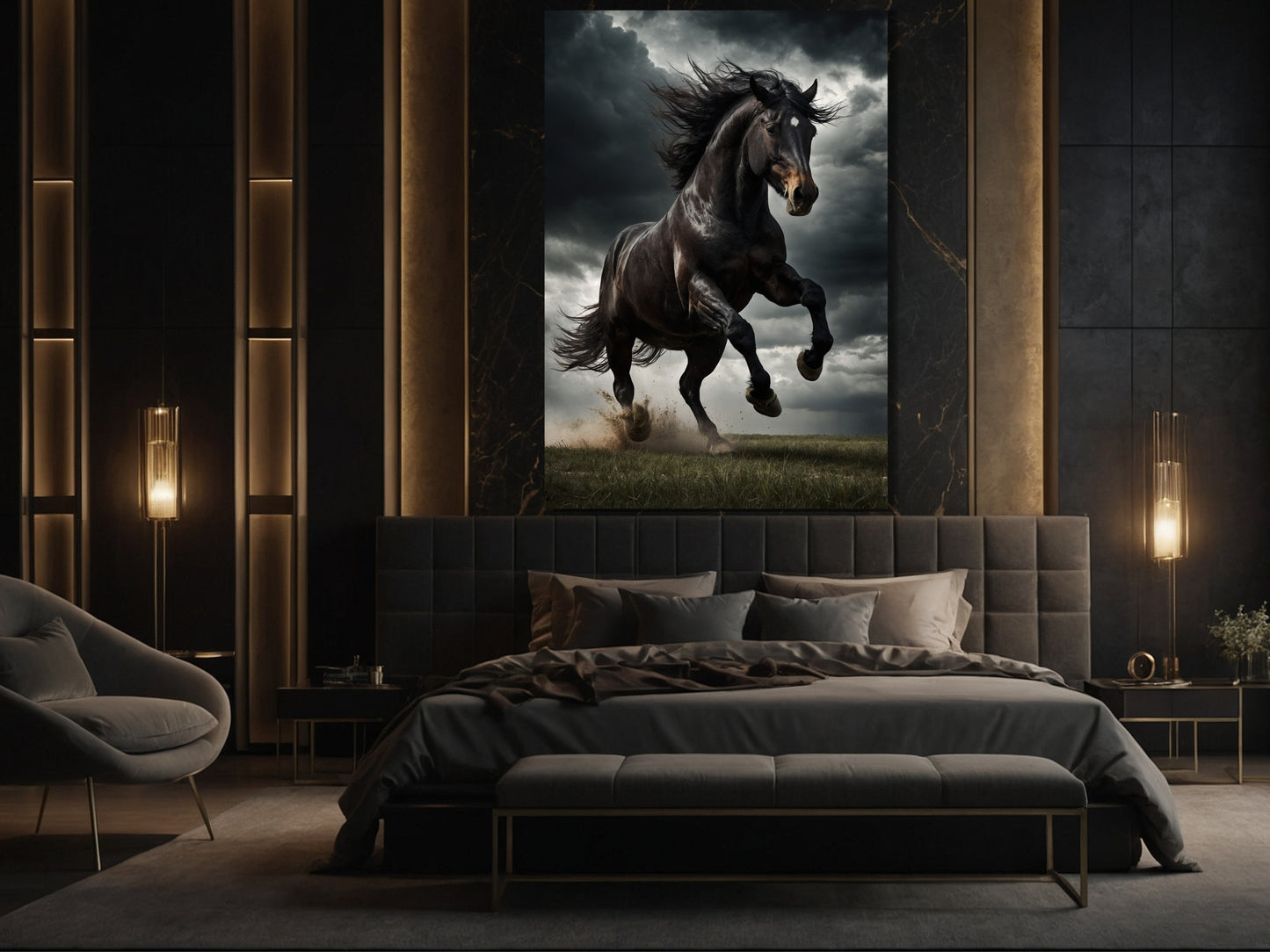 Schwarzer Hengst im Sturm als Wandkunst Poster im Schlafzimmer über dem Bett mit ruhiger und kraftvoller Bildwirkung